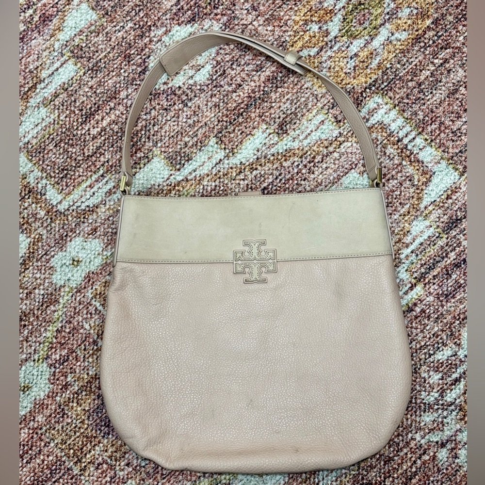 Tory Burch Stacked T Beige Leather Hobo Shoulder Bag